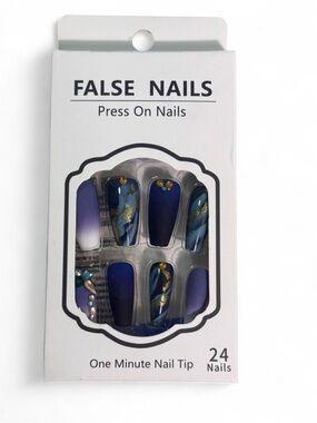 Press-On Blue & Purple False Nails with Gold Accent